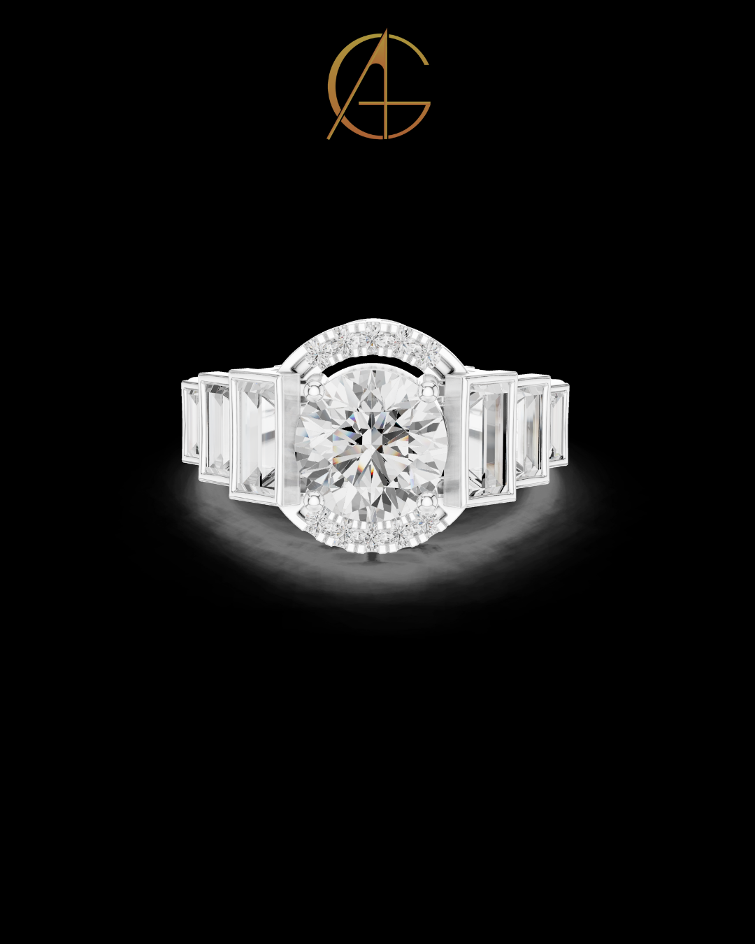 2.00 CT Bold Geometry Round Moissanite Diamond Ring with Baguette Side Frames For Stillness