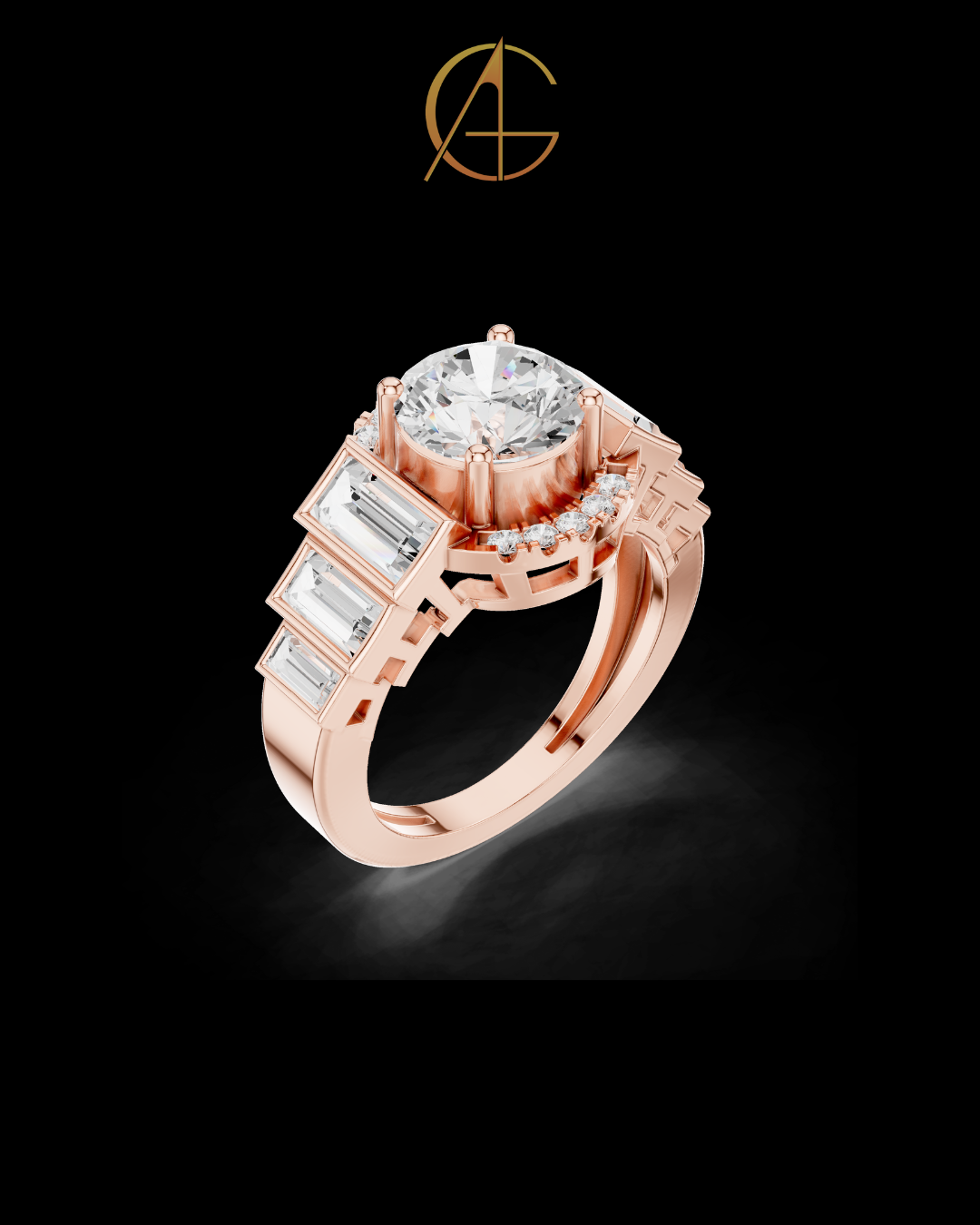 2.00 CT Bold Geometry Round Moissanite Diamond Ring with Baguette Side Frames For Stillness