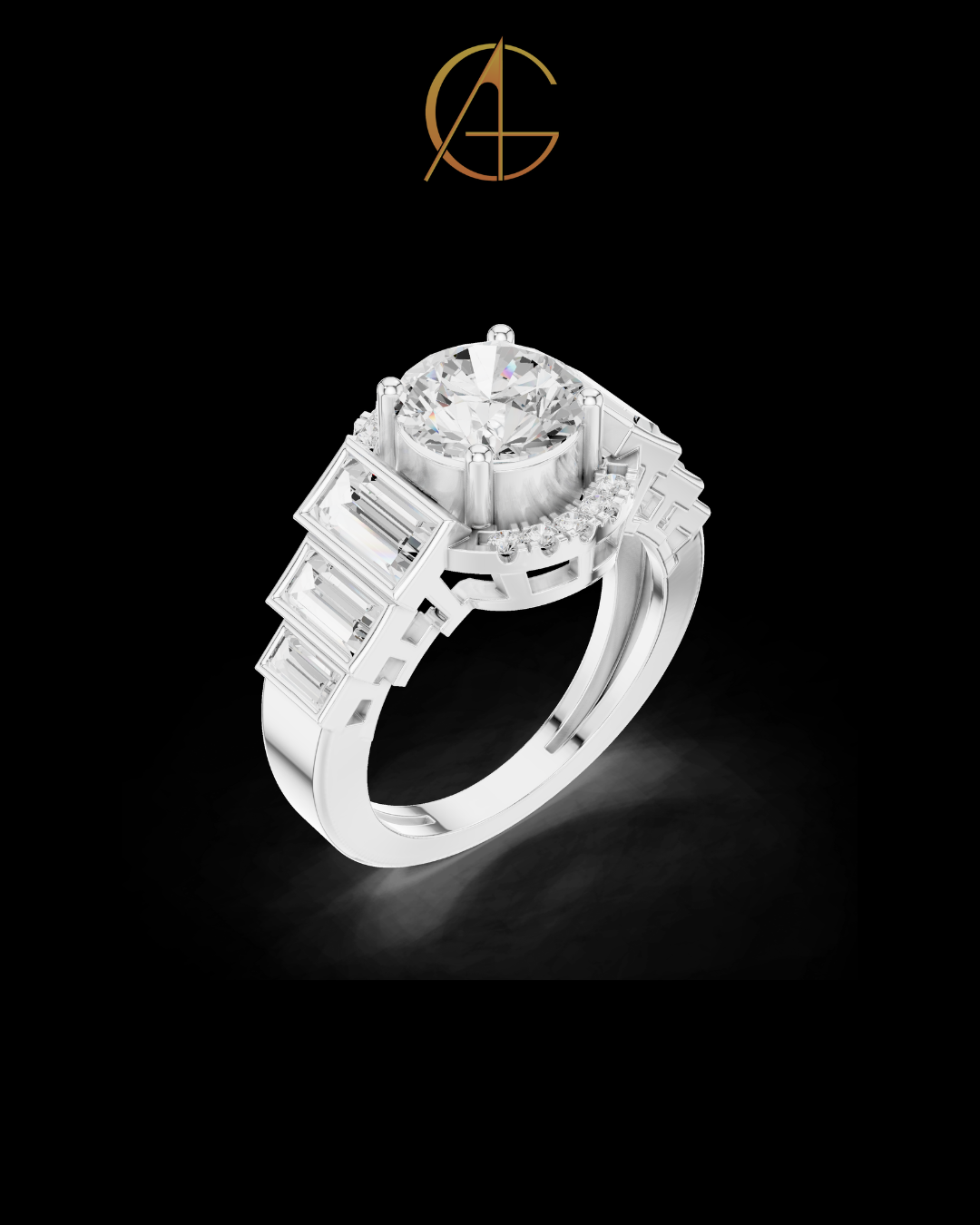 2.00 CT Bold Geometry Round Moissanite Diamond Ring with Baguette Side Frames For Stillness