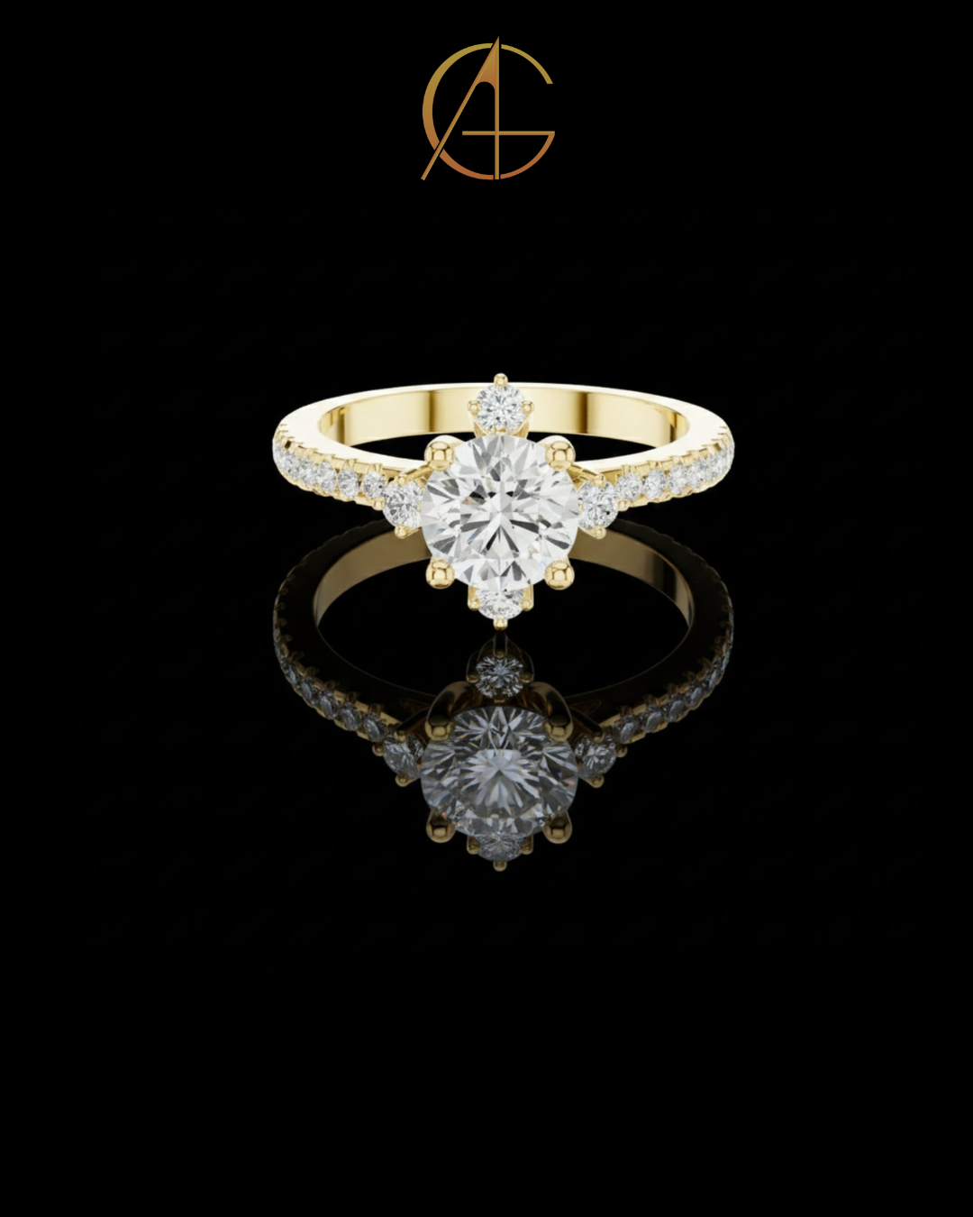 1.00 CT Imperial Round Moissanite Diamond Ring with Pave Gold Band and Floating Accent Stones For Love