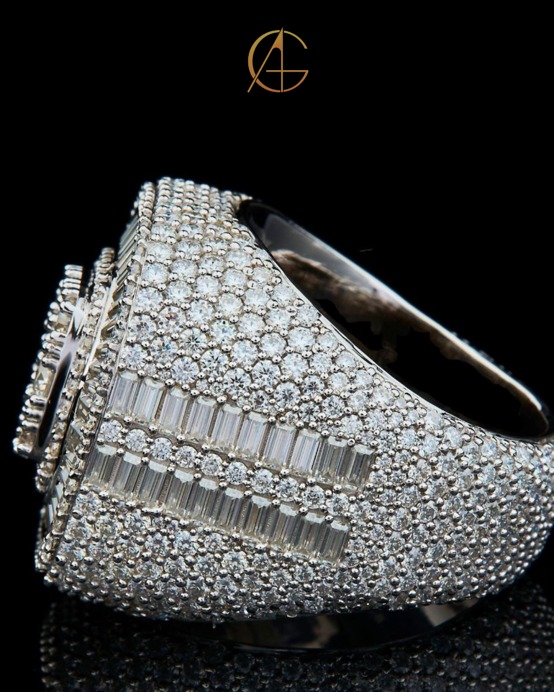 Full Silver Ice Out Round and Baguette Cut Moissanite Diamond HipHop Ring By Auren Gems