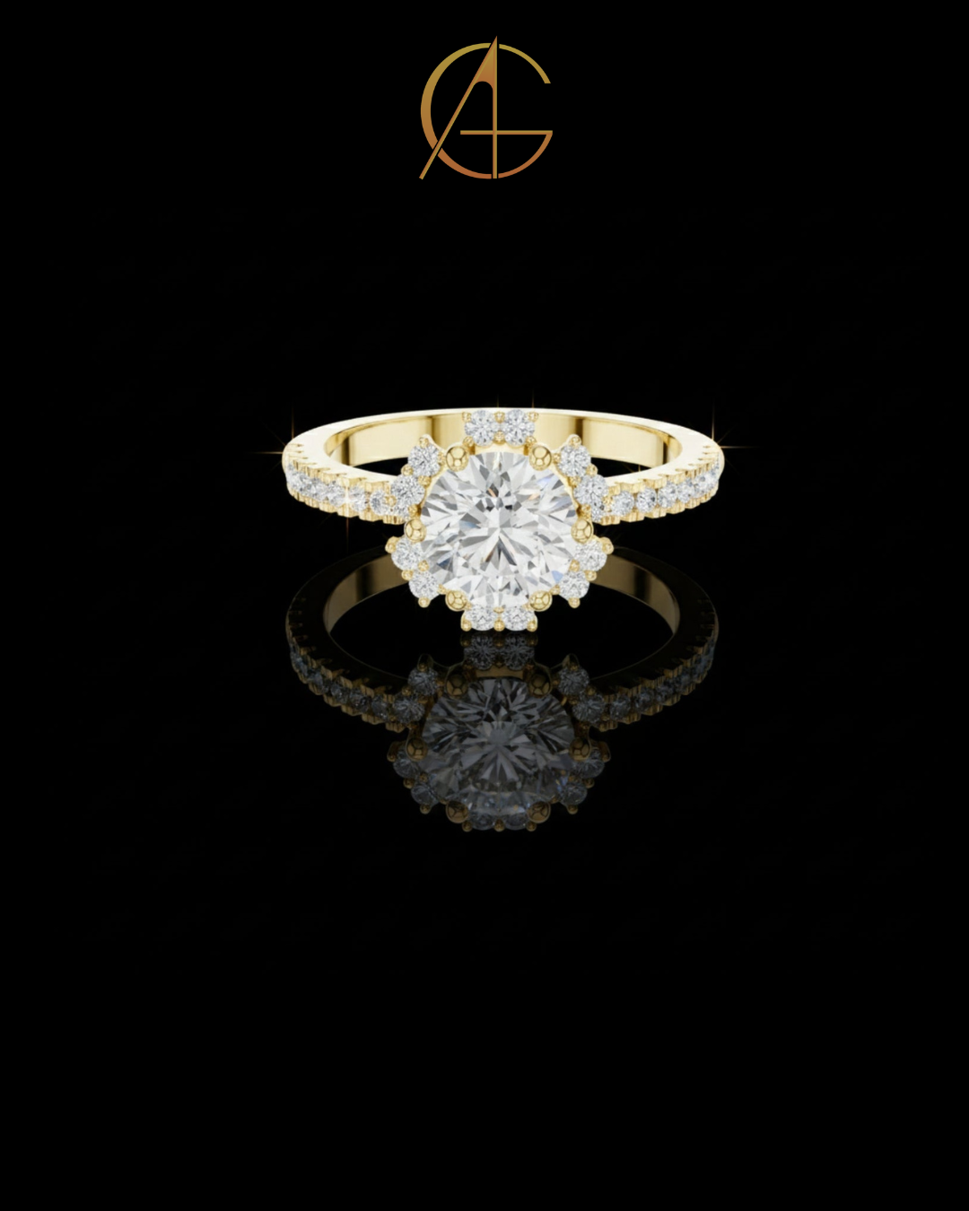 0.95 CT Sophisticated Round Halo Moissanite Diamond Ring with Delicate Pavé Gold Bands