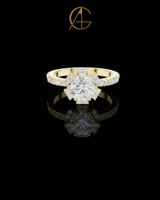 0.95 CT Sophisticated Round Halo Moissanite Diamond Ring with Delicate Pavé Gold Bands