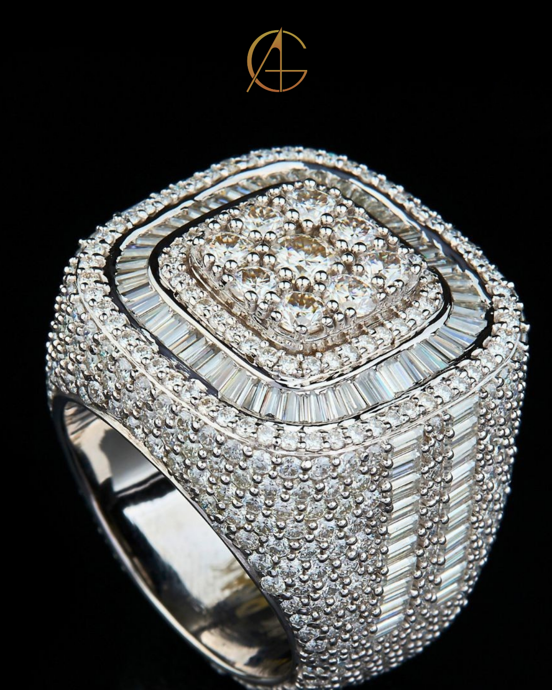 Full Silver Ice Out Round and Baguette Cut Moissanite Diamond HipHop Ring By Auren Gems