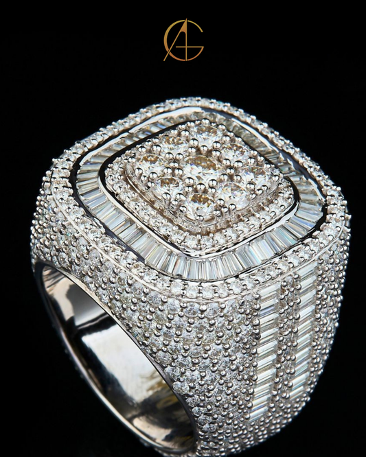 Full Silver Ice Out Round and Baguette Cut Moissanite Diamond HipHop Ring By Auren Gems