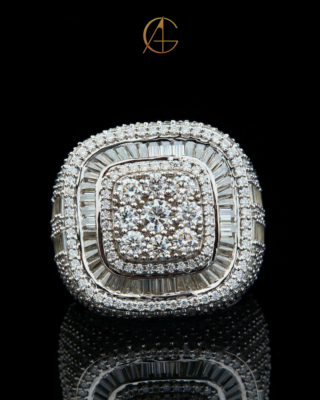 Full Silver Ice Out Round and Baguette Cut Moissanite Diamond HipHop Ring By Auren Gems