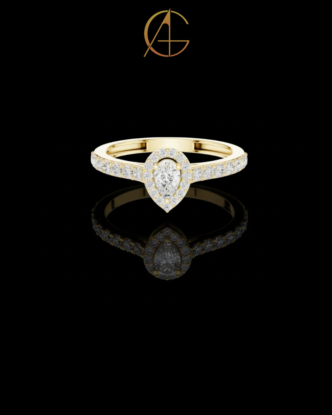 0.15 CT Sophisticated Pear Shaped Moissanite Diamond Halo Ring with Pave Diamond Band