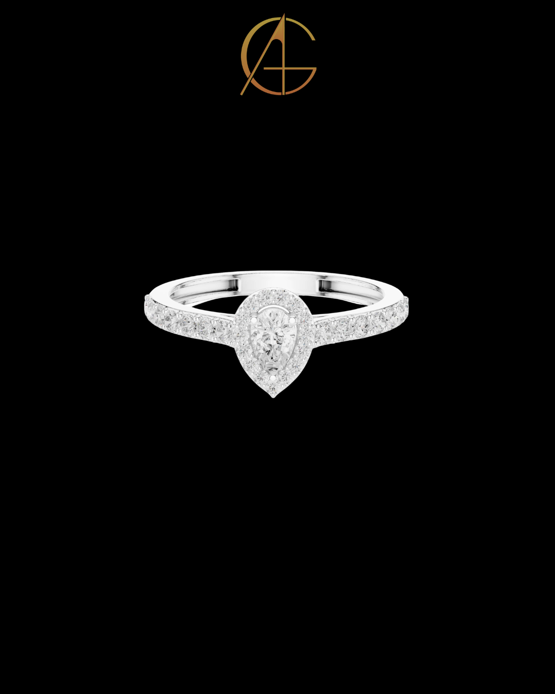 0.15 CT Sophisticated Pear Shaped Moissanite Diamond Halo Ring with Pave Diamond Band