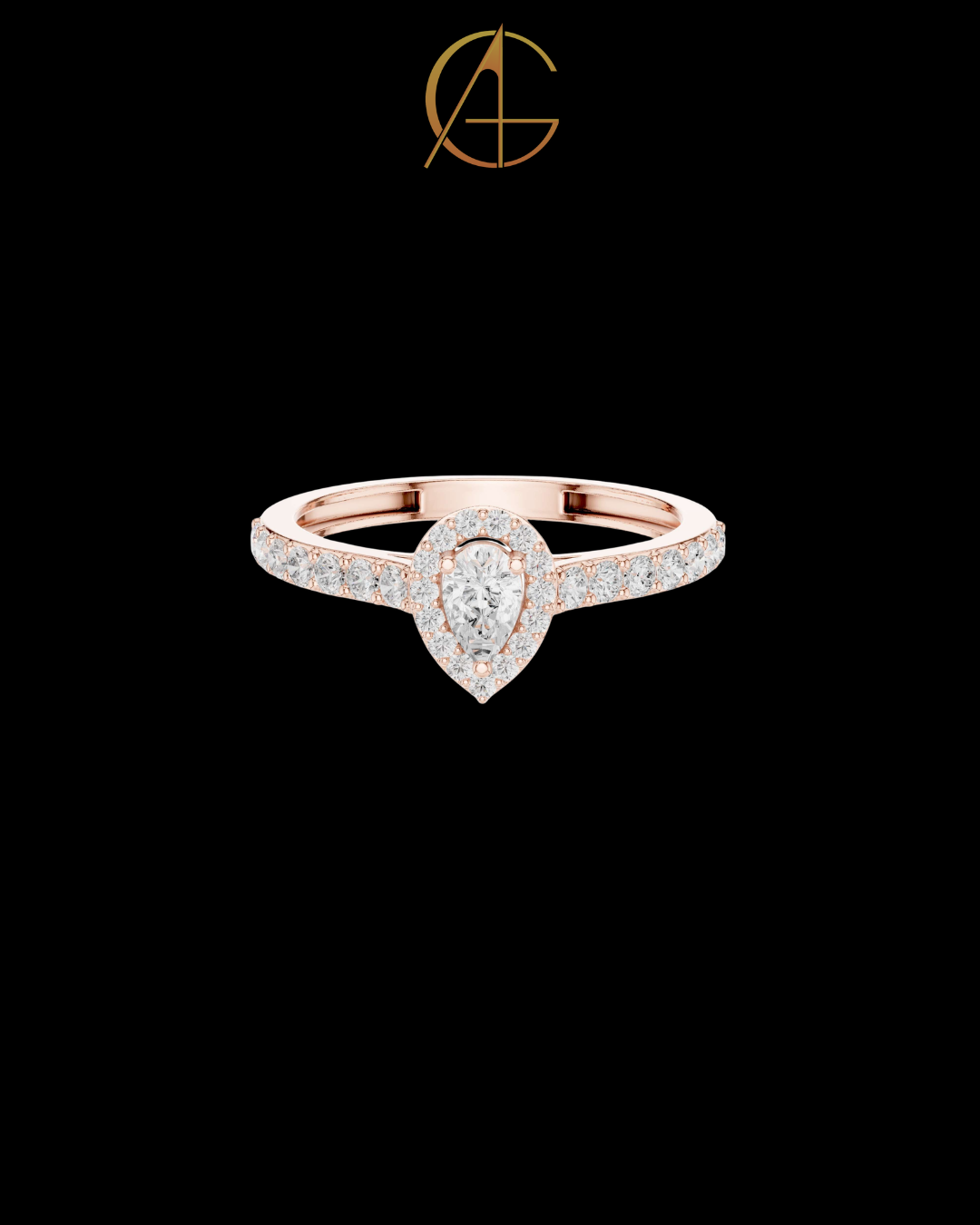 0.15 CT Sophisticated Pear Shaped Moissanite Diamond Halo Ring with Pave Diamond Band