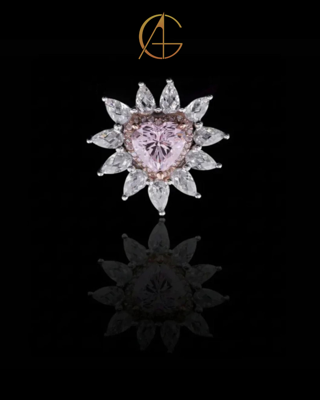 1.00 CT Heart-Cut Pink Gem Ring Surrounded by Moissanite Pear Diamond Petals