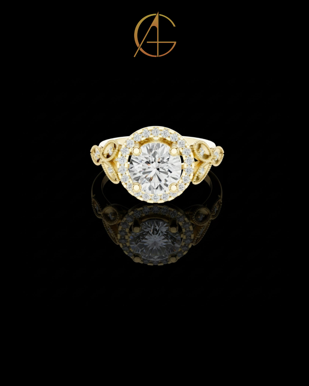 2.00 CT Regal Blossom Halo Round Cut Moissanite Diamond Ring with Ornate Floral Scroll Band For Girlfriend
