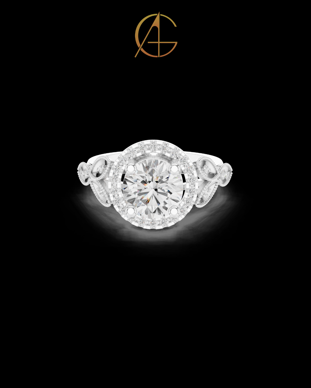 2.00 CT Regal Blossom Halo Round Cut Moissanite Diamond Ring with Ornate Floral Scroll Band For Girlfriend