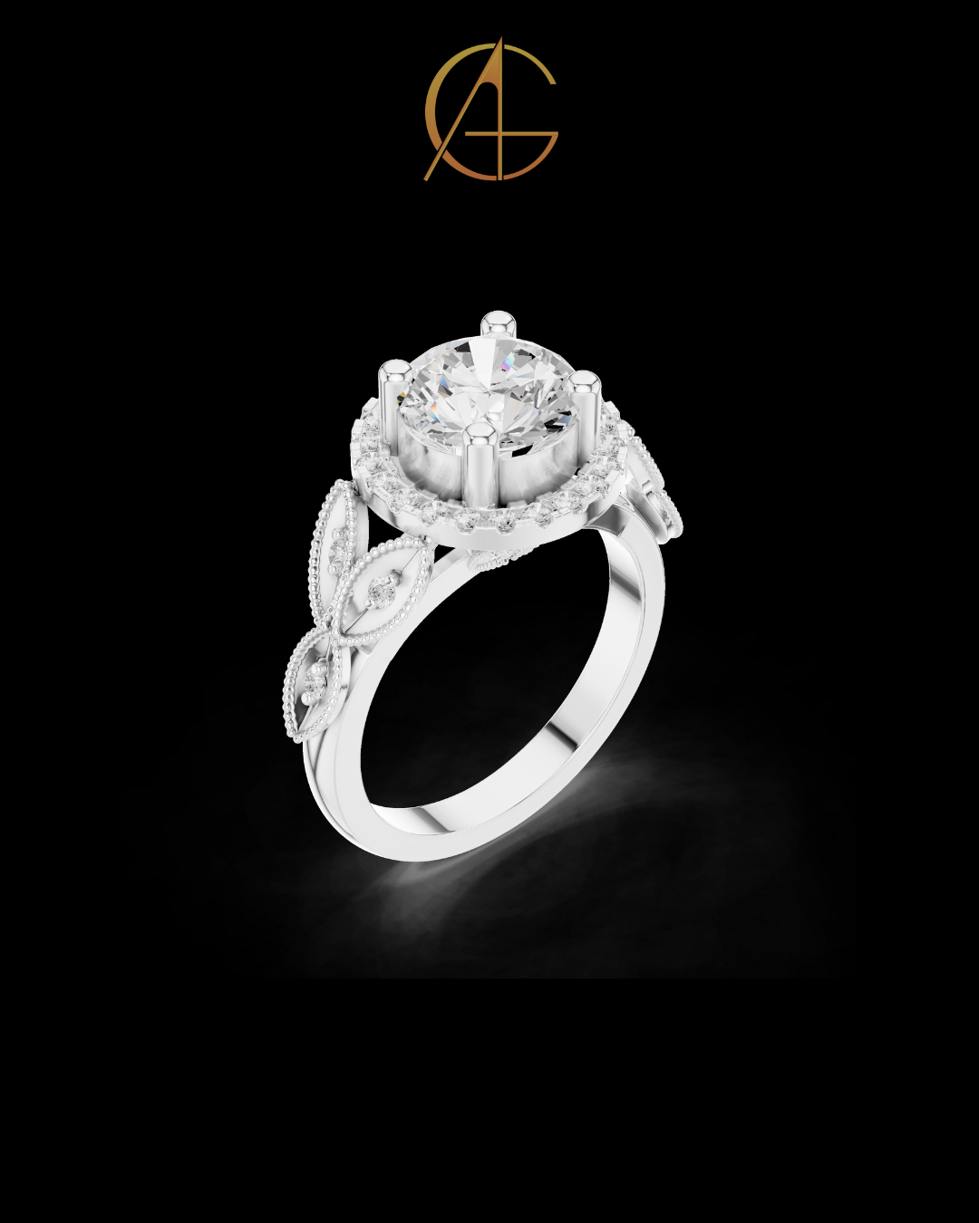 2.00 CT Regal Blossom Halo Round Cut Moissanite Diamond Ring with Ornate Floral Scroll Band For Girlfriend