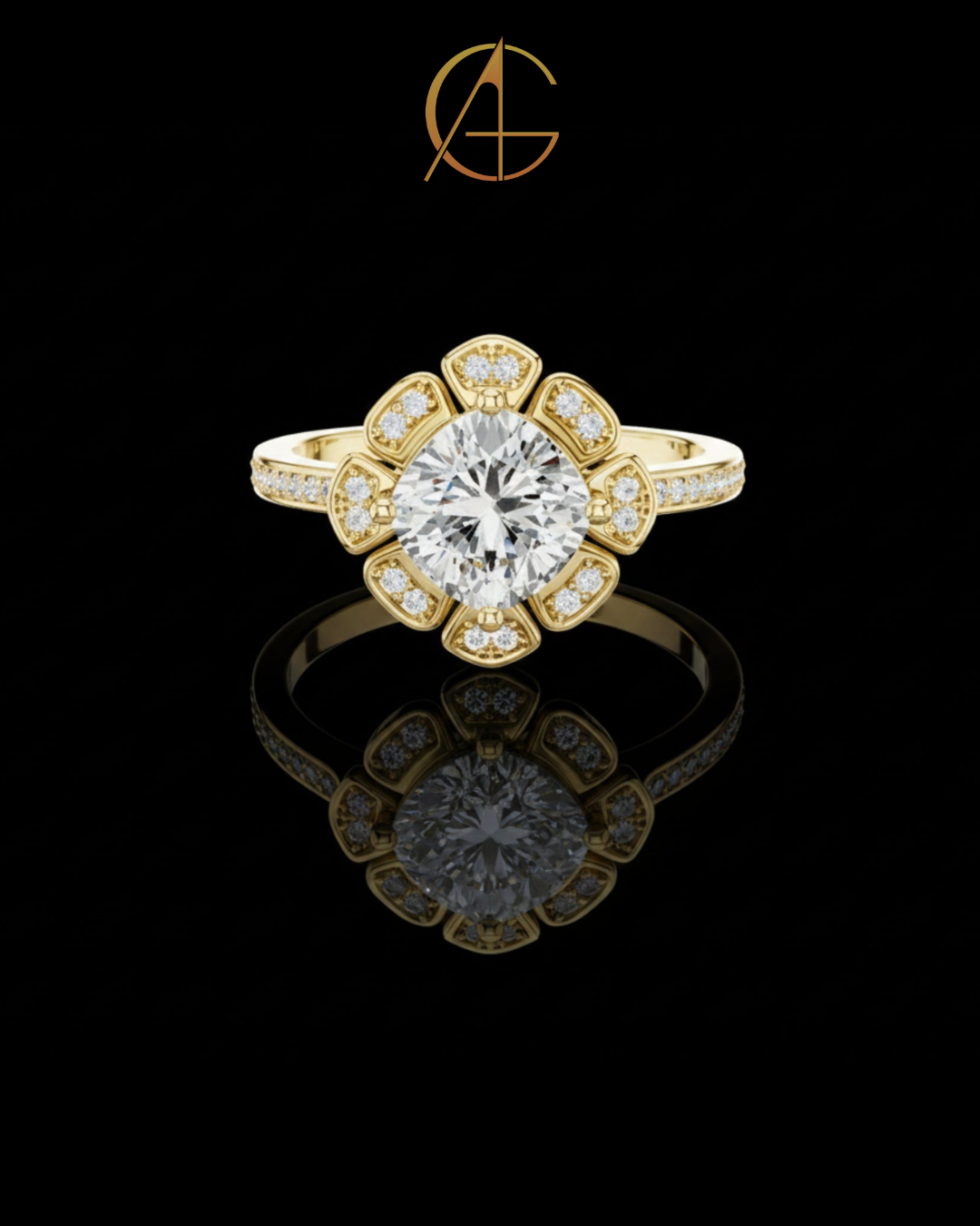 1.51 CT Floral Cushion Cut Moissanite Diamond Ring in Gold with Petal Style Halo and Pave Band