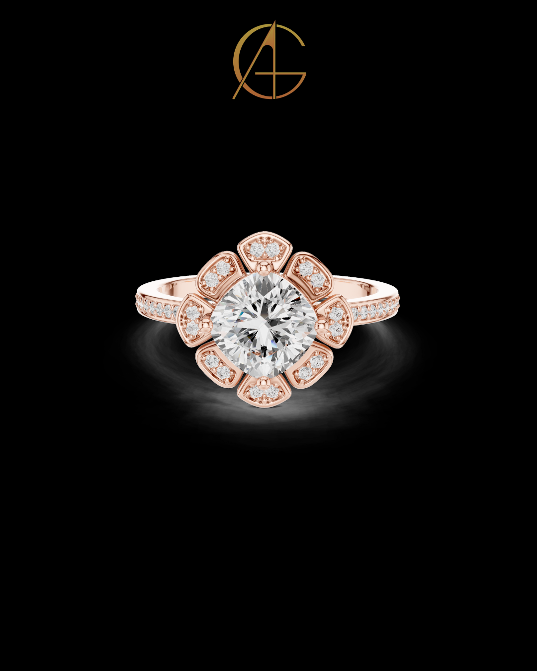 1.51 CT Floral Cushion Cut Moissanite Diamond Ring in Gold with Petal Style Halo and Pave Band