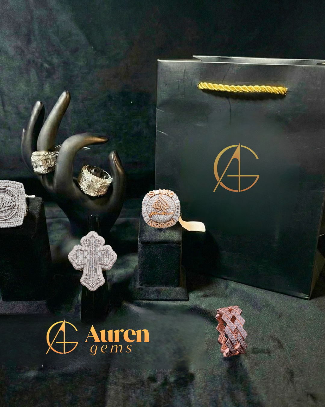 Full Silver Ice Out Round and Baguette Cut Moissanite Diamond HipHop Ring By Auren Gems
