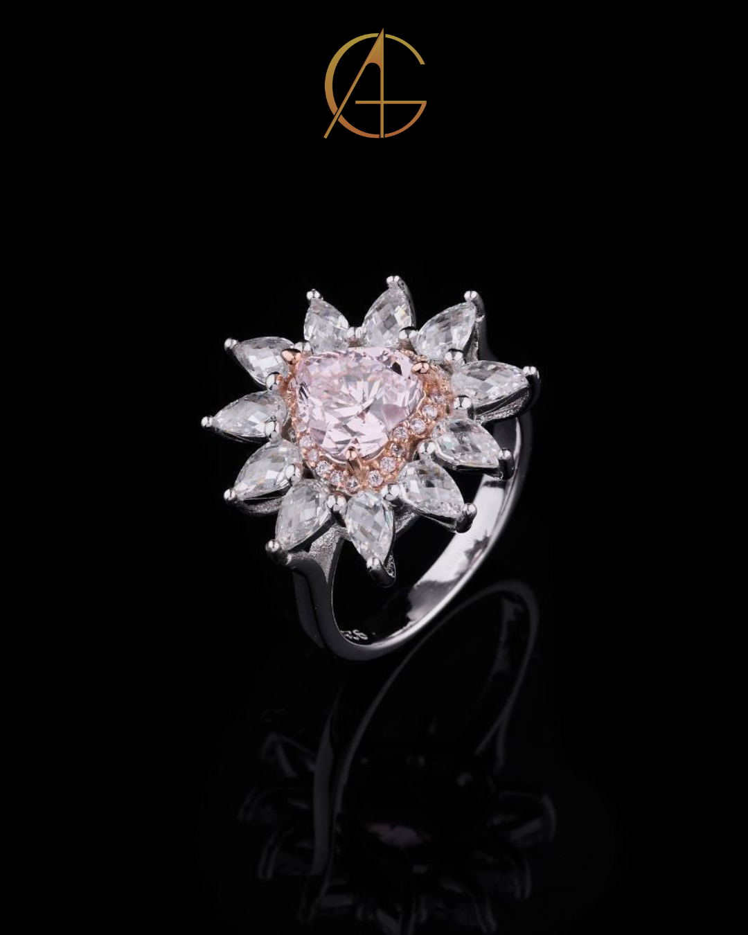 1.00 CT Heart-Cut Pink Gem Ring Surrounded by Moissanite Pear Diamond Petals