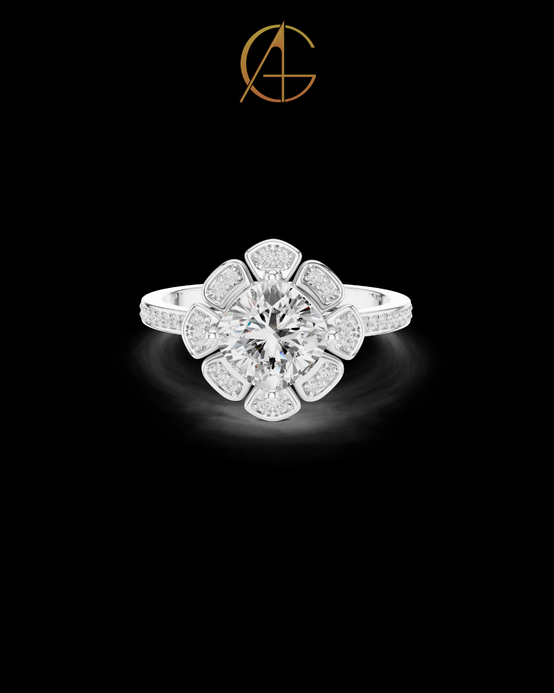 1.51 CT Floral Cushion Cut Moissanite Diamond Ring in Gold with Petal Style Halo and Pave Band