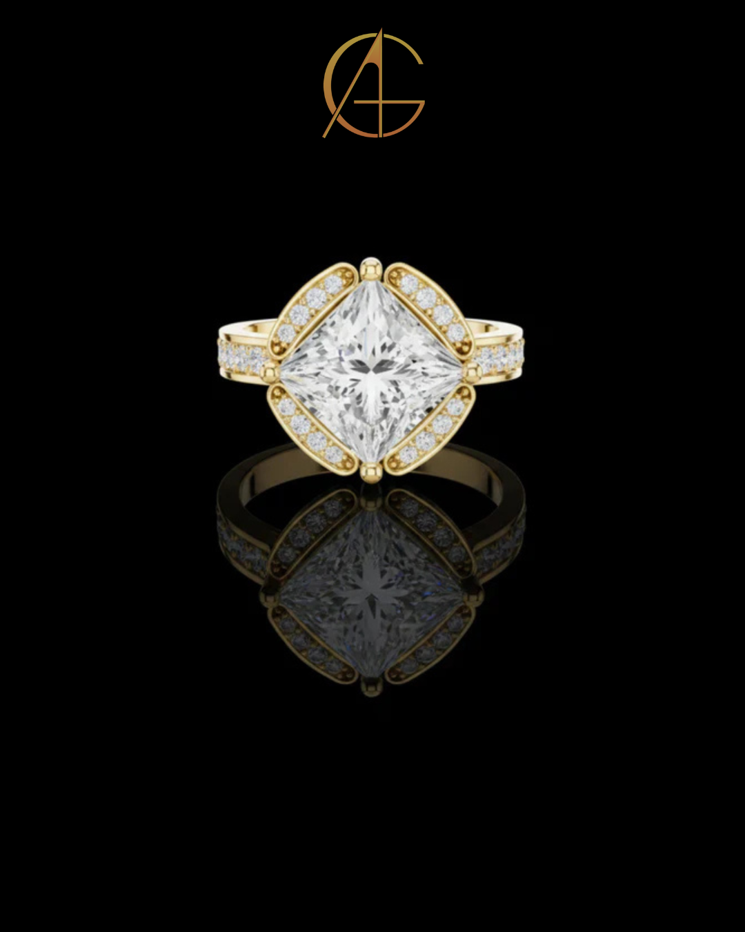 2.15 CT Glamorous Princess Cut Halo With Vintage Inspired Pave all Four Sides Moissanite Diamond in Gold