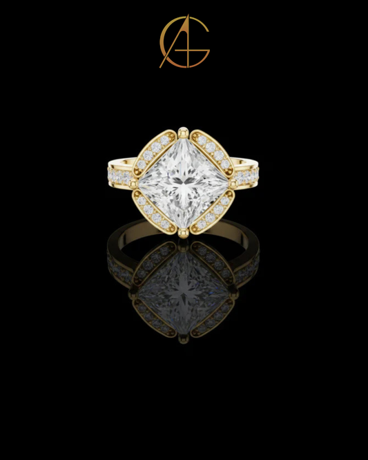 2.15 CT Glamorous Princess Cut Halo With Vintage Inspired Pave all Four Sides Moissanite Diamond in Gold