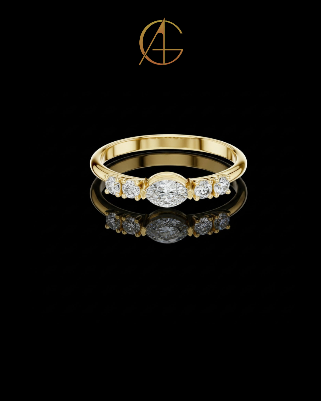0.15 CT Modern Heirloom Gold Ring with Marquise Center Moissanite Diamond & Symmetric Side Accents