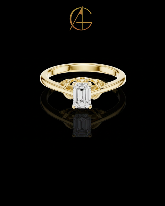 0.43 TCW Luxurious Solitaire Ring with Emerald Moissanite Diamond and Intricate Celtic Inspired Setting