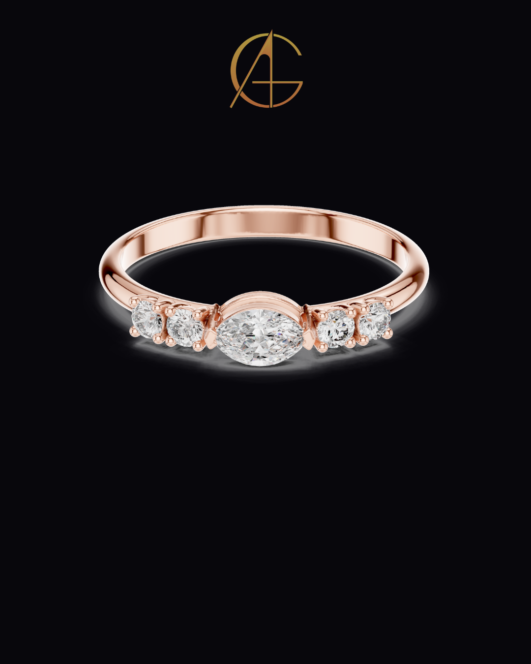 0.15 CT Modern Heirloom Gold Ring with Marquise Center Moissanite Diamond & Symmetric Side Accents