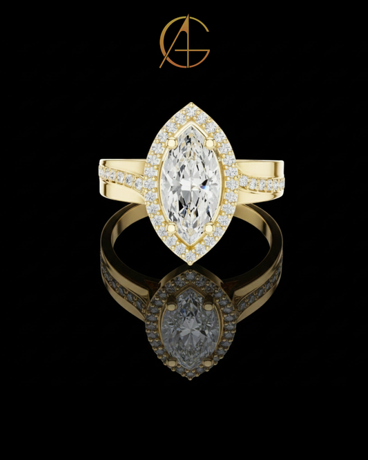 1.15 CT Elongated Solitaire with Pave Band and Sparkling Moissanite Diamond Round Cut Halo For Her