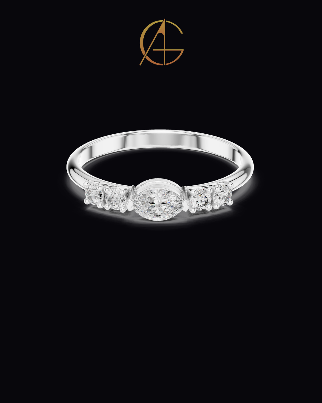 0.15 CT Modern Heirloom Gold Ring with Marquise Center Moissanite Diamond & Symmetric Side Accents