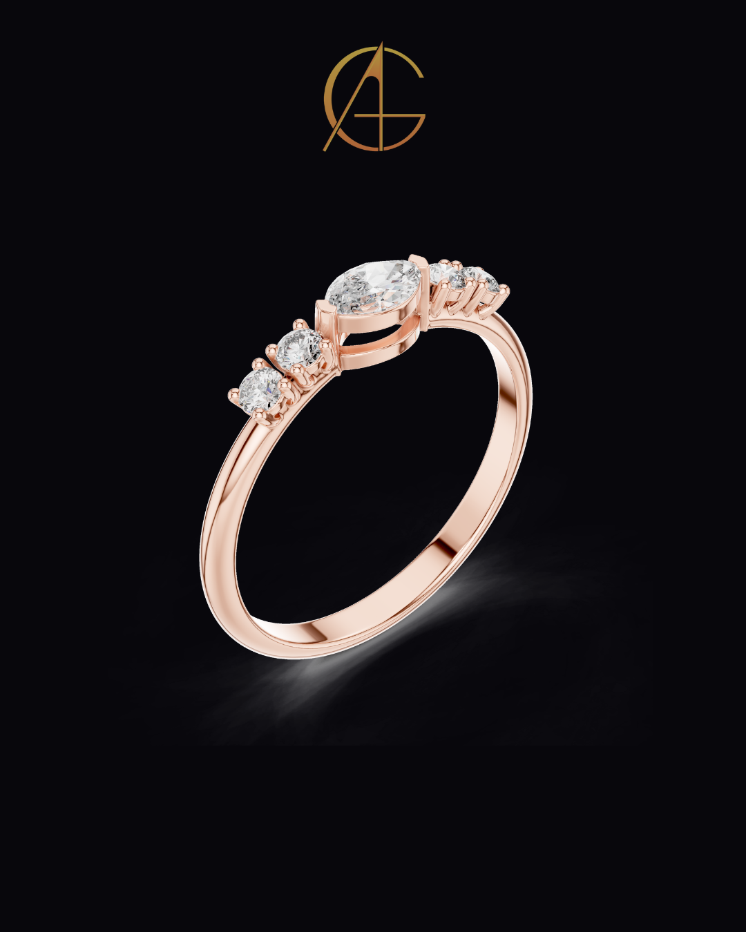 0.15 CT Modern Heirloom Gold Ring with Marquise Center Moissanite Diamond & Symmetric Side Accents