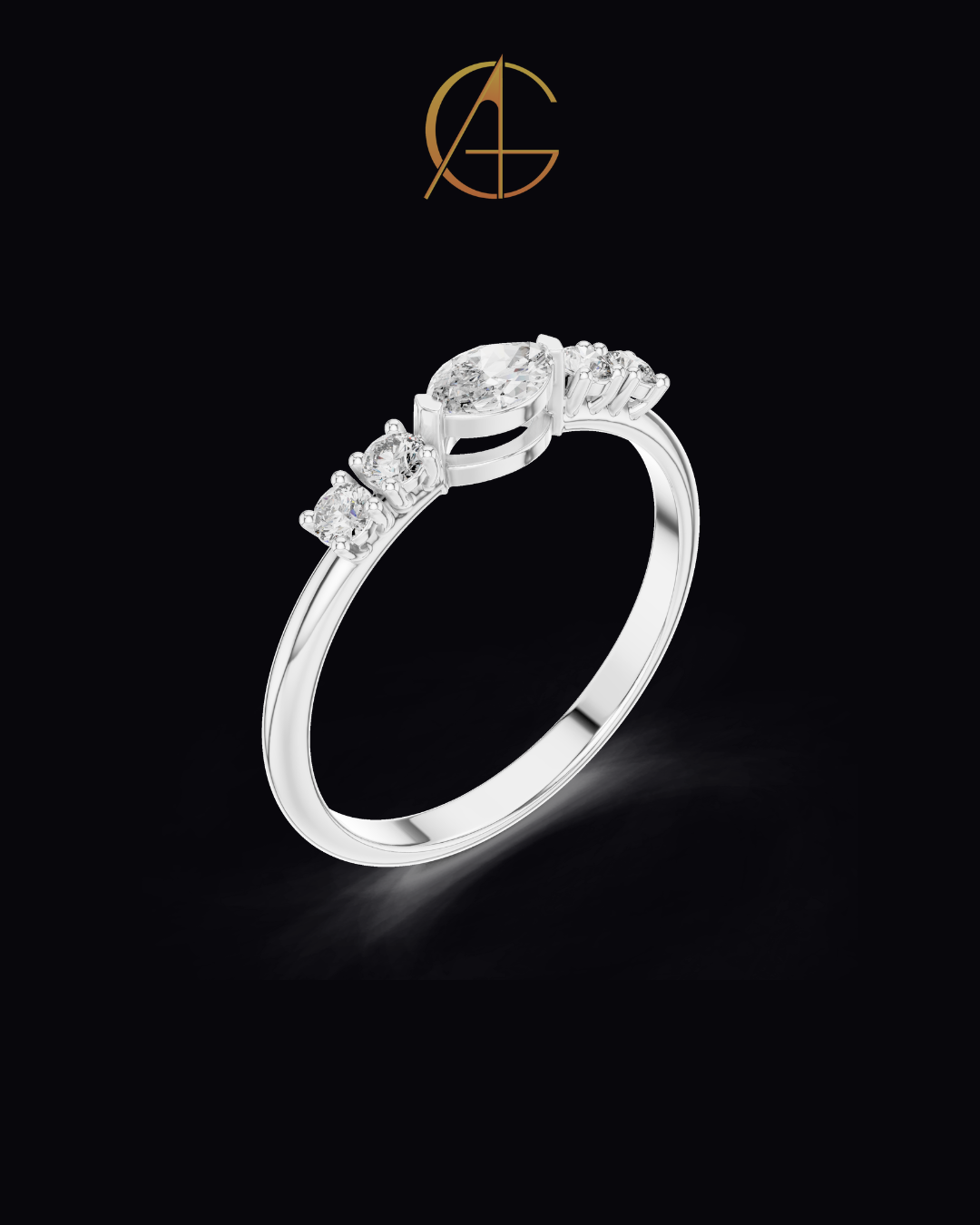 0.15 CT Modern Heirloom Gold Ring with Marquise Center Moissanite Diamond & Symmetric Side Accents