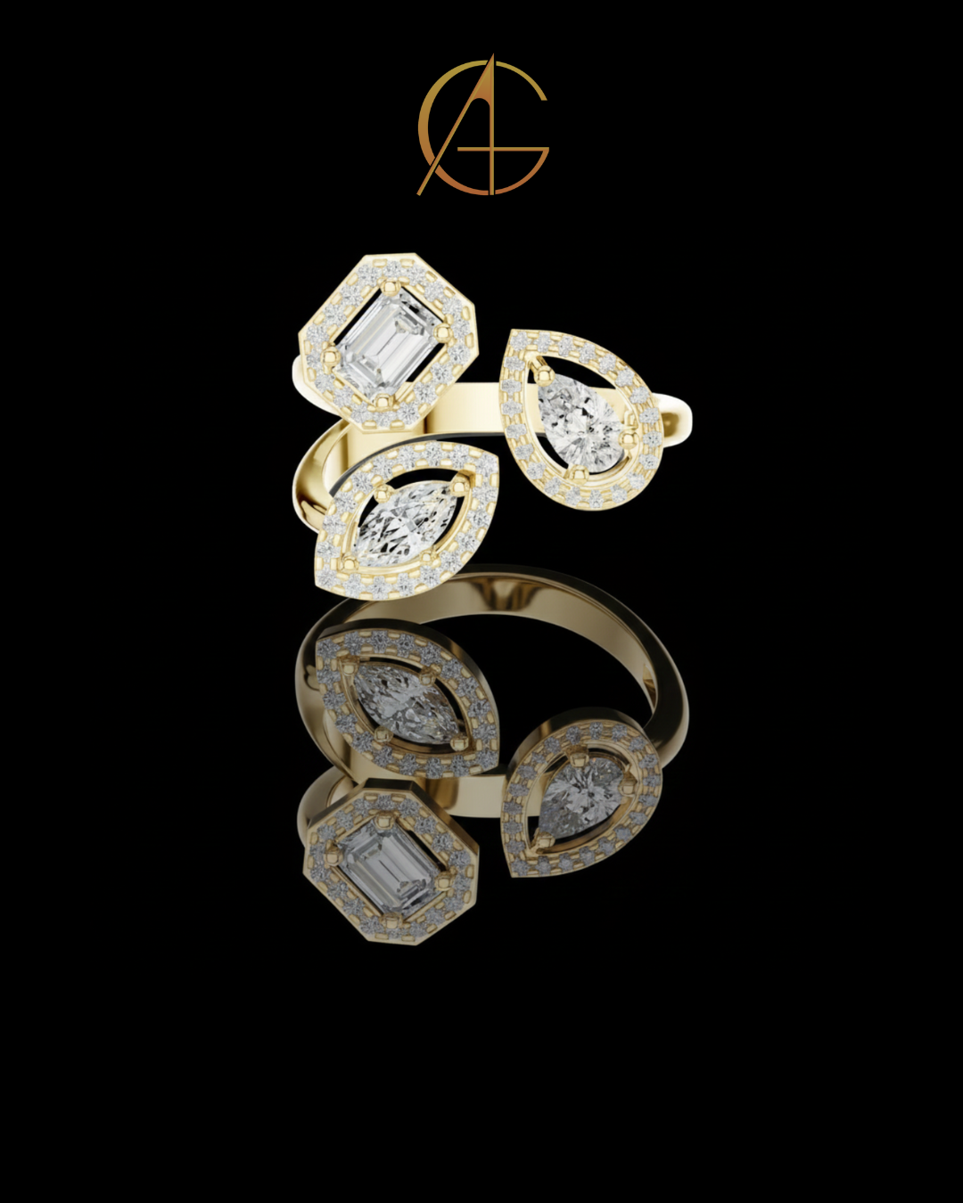0.92 TCW Three Stone Geometric Moissanite Diamond Halo Bypass Ring with Emerald, Pear and Marquise Cut Centers