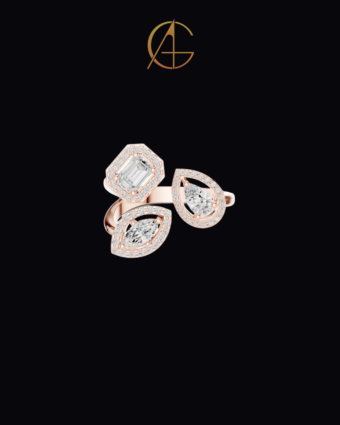 0.92 TCW Three Stone Geometric Moissanite Diamond Halo Bypass Ring with Emerald, Pear and Marquise Cut Centers