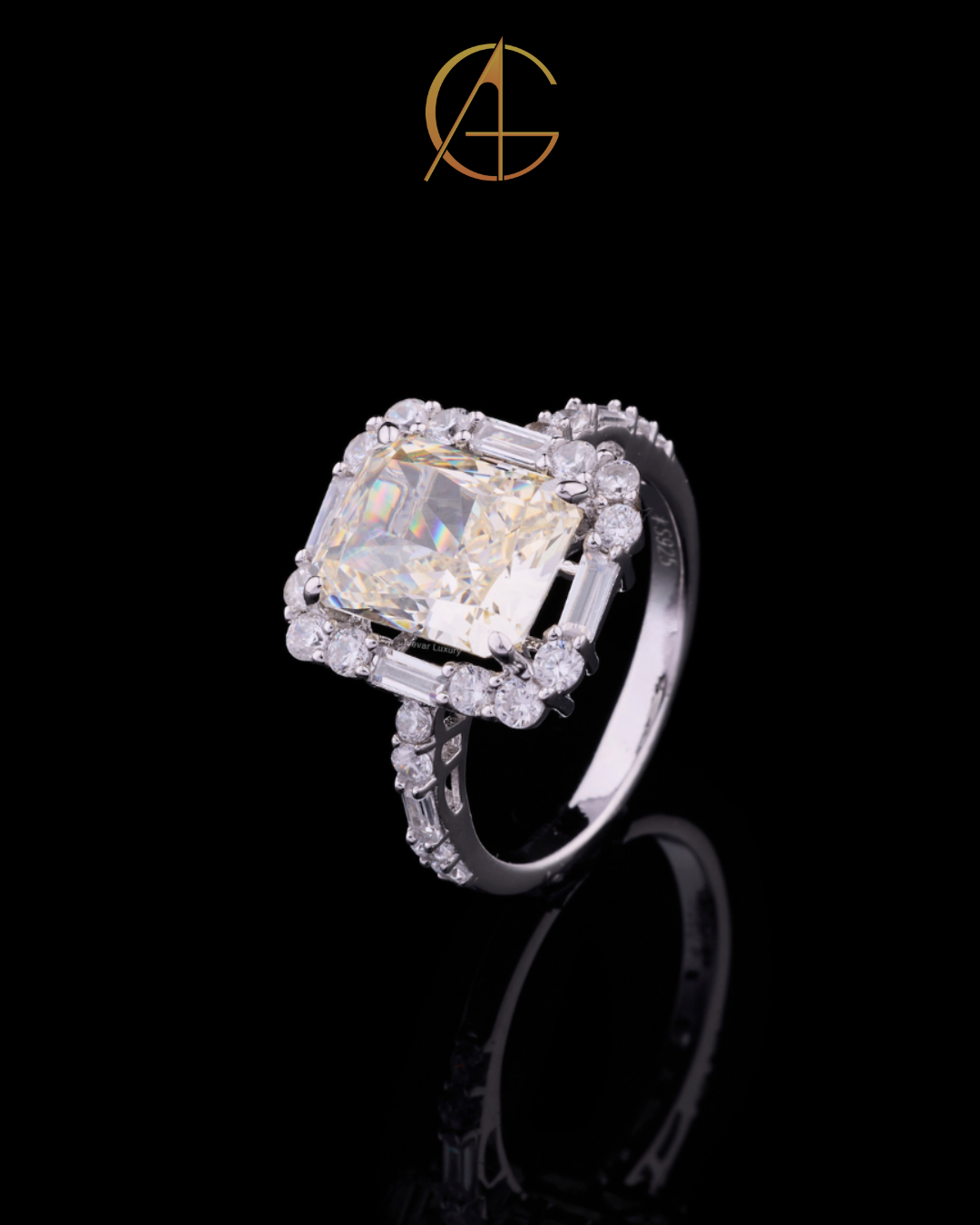1.25 CT Imperial Sun Moissanite Radiant Cut Halo Diamond Ring with Baguette and Round Accents