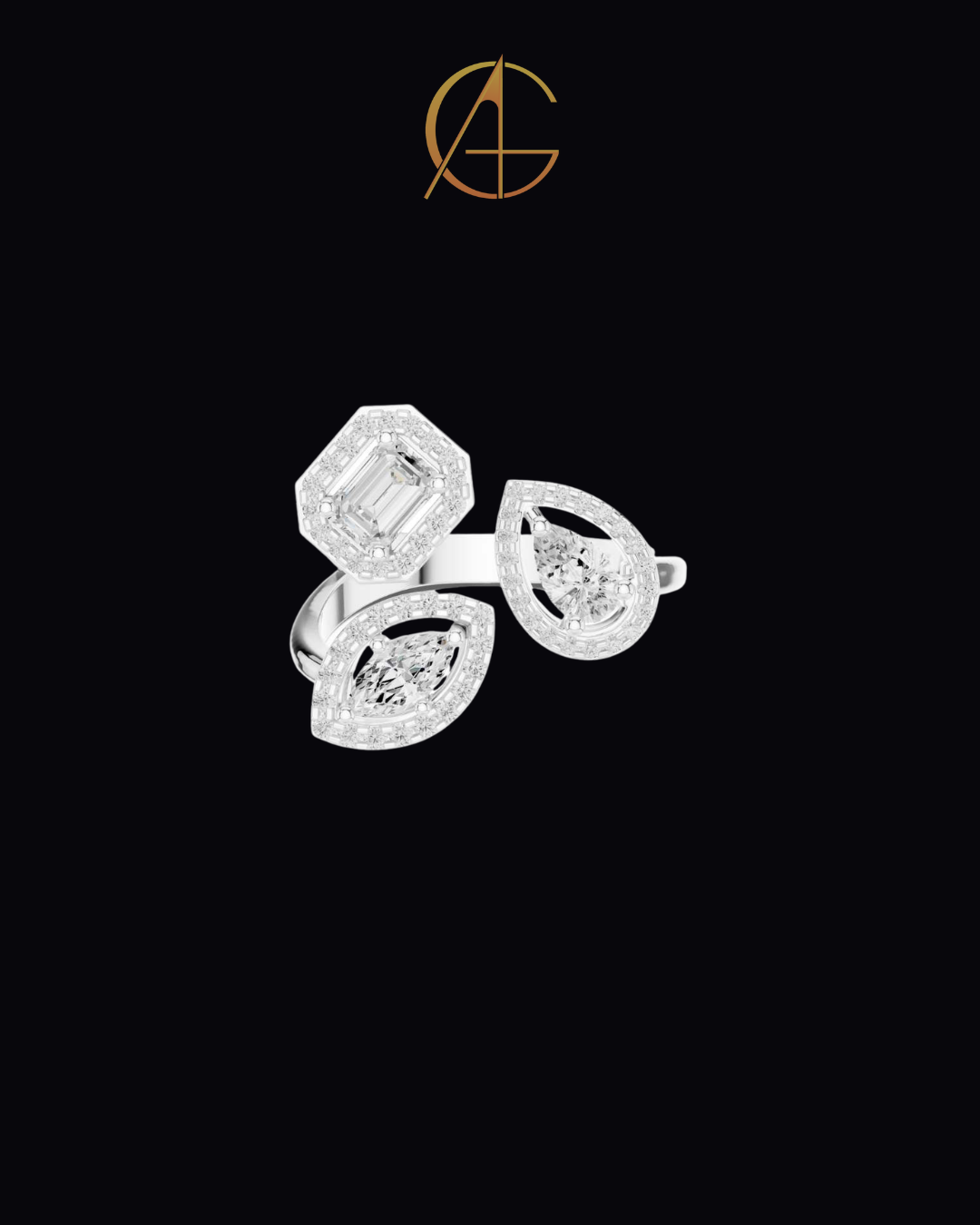 0.92 TCW Three Stone Geometric Moissanite Diamond Halo Bypass Ring with Emerald, Pear and Marquise Cut Centers