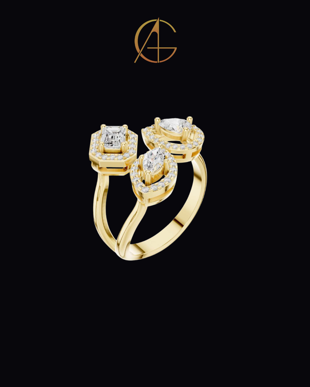 0.92 TCW Three Stone Geometric Moissanite Diamond Halo Bypass Ring with Emerald, Pear and Marquise Cut Centers