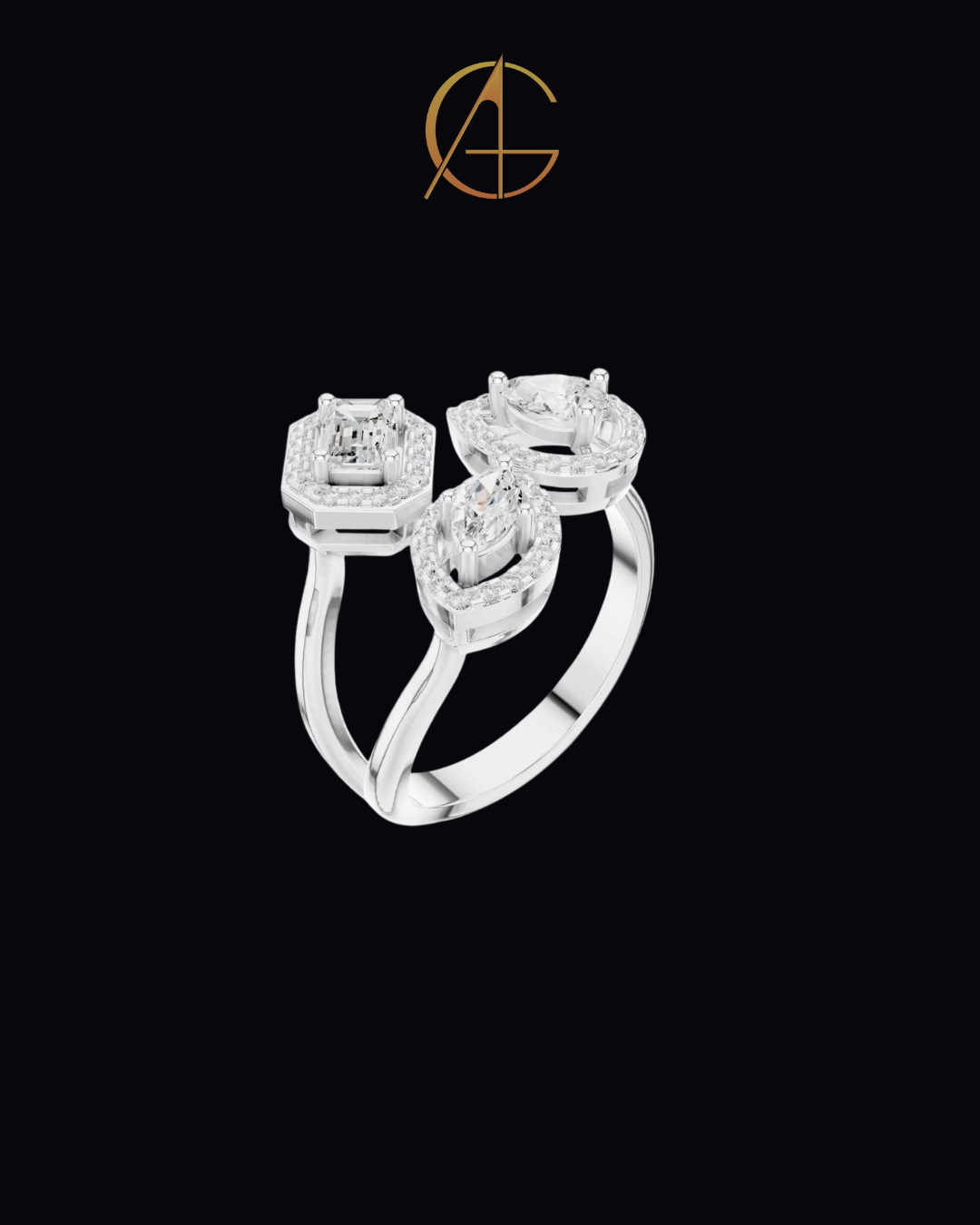 0.92 TCW Three Stone Geometric Moissanite Diamond Halo Bypass Ring with Emerald, Pear and Marquise Cut Centers