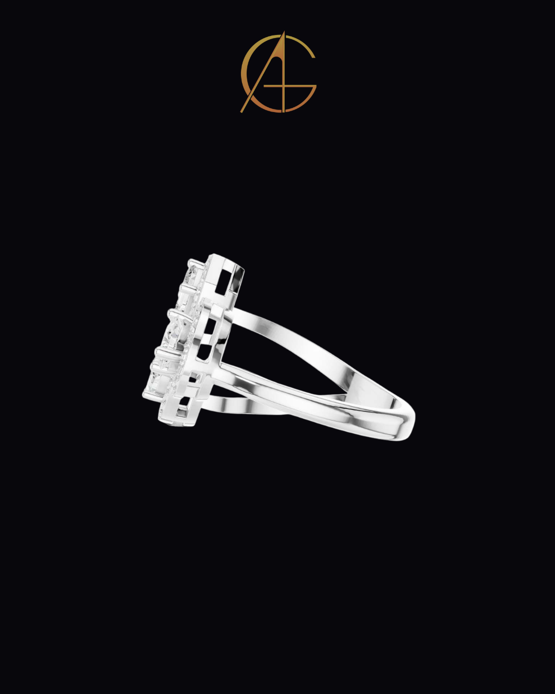 0.92 TCW Three Stone Geometric Moissanite Diamond Halo Bypass Ring with Emerald, Pear and Marquise Cut Centers