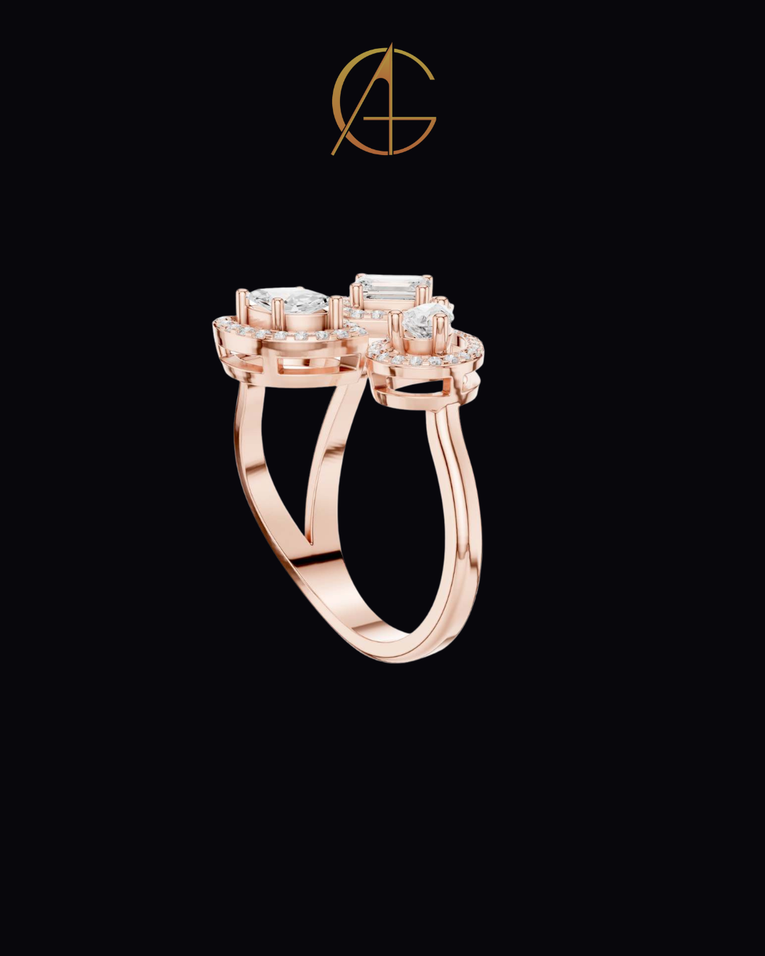 0.92 TCW Three Stone Geometric Moissanite Diamond Halo Bypass Ring with Emerald, Pear and Marquise Cut Centers
