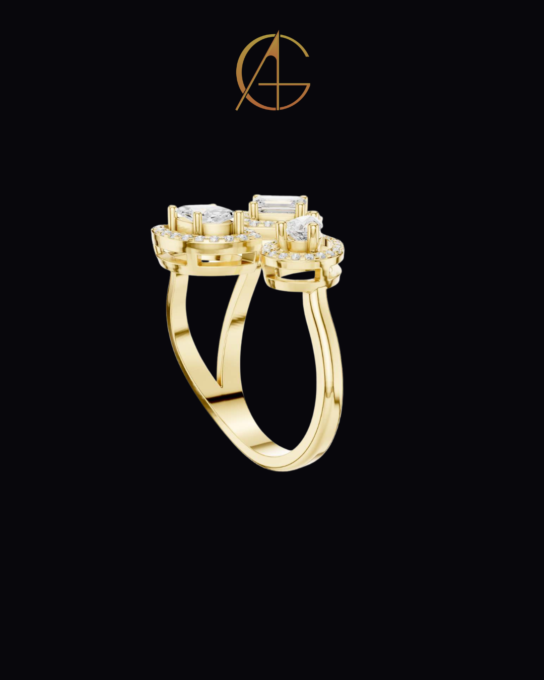 0.92 TCW Three Stone Geometric Moissanite Diamond Halo Bypass Ring with Emerald, Pear and Marquise Cut Centers