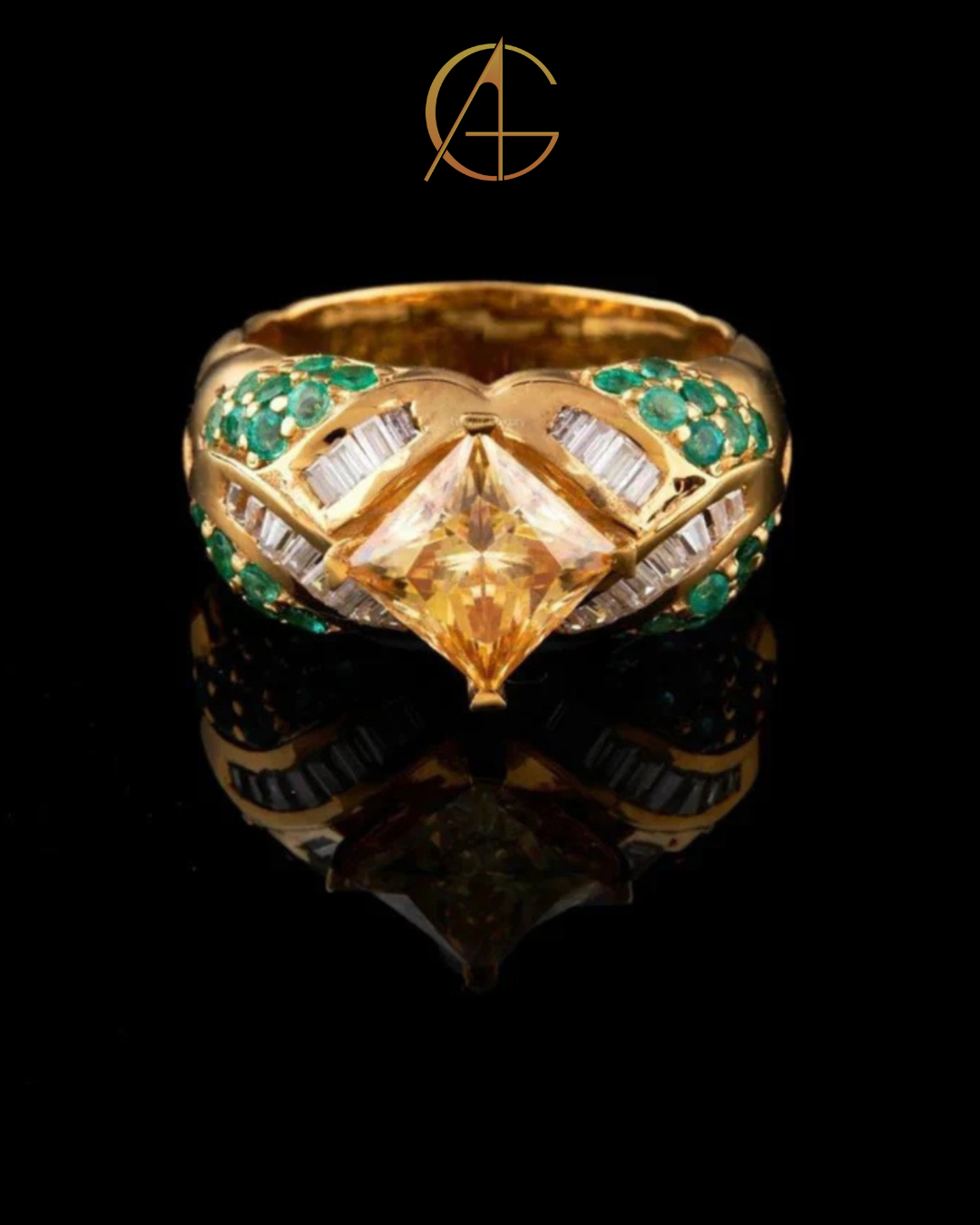 1.00 CT Imperial Ring with Princess Cut Yellow Gemstone and Emerald Moissanite Diamond