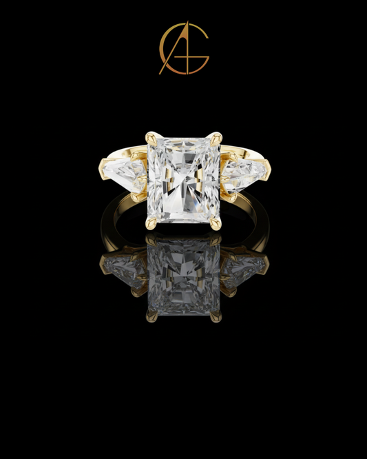 5.90 CT Exquisite Radiant Cut Moissanite Diamond Three Stone Ring with Kite Shape Side Stones