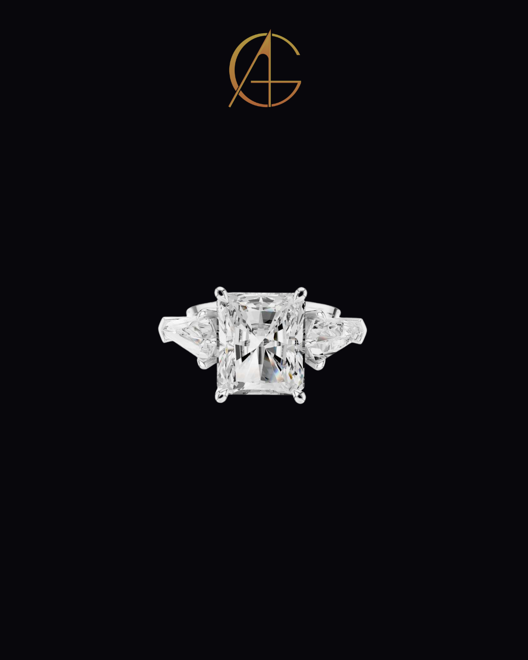 5.90 CT Exquisite Radiant Cut Moissanite Diamond Three Stone Ring with Kite Shape Side Stones