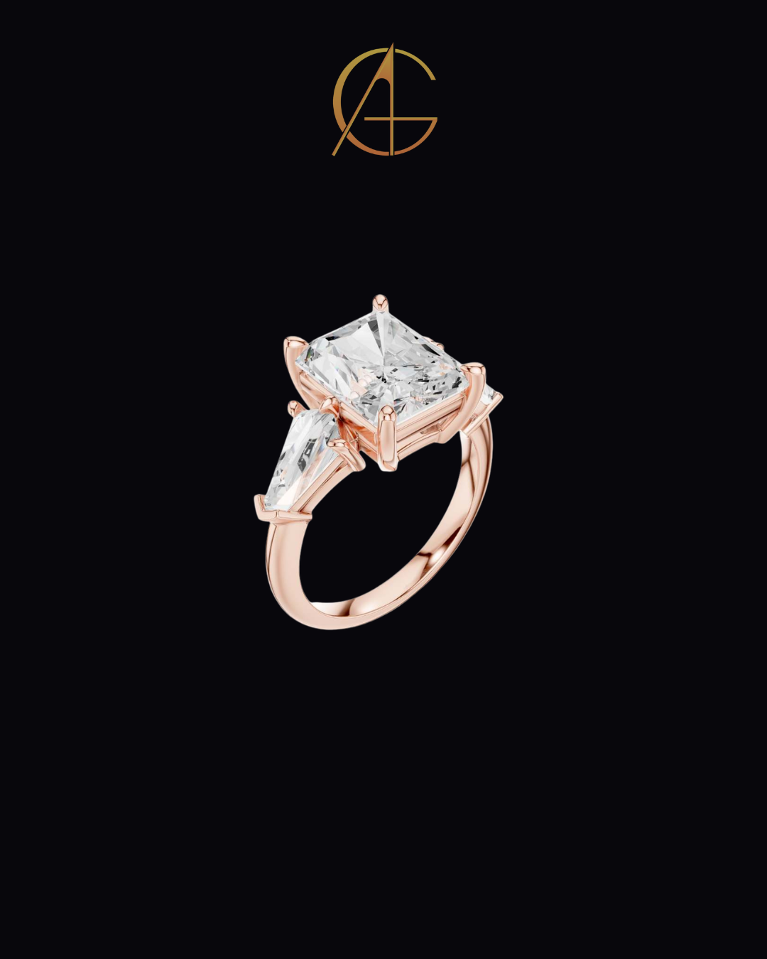 5.90 CT Exquisite Radiant Cut Moissanite Diamond Three Stone Ring with Kite Shape Side Stones