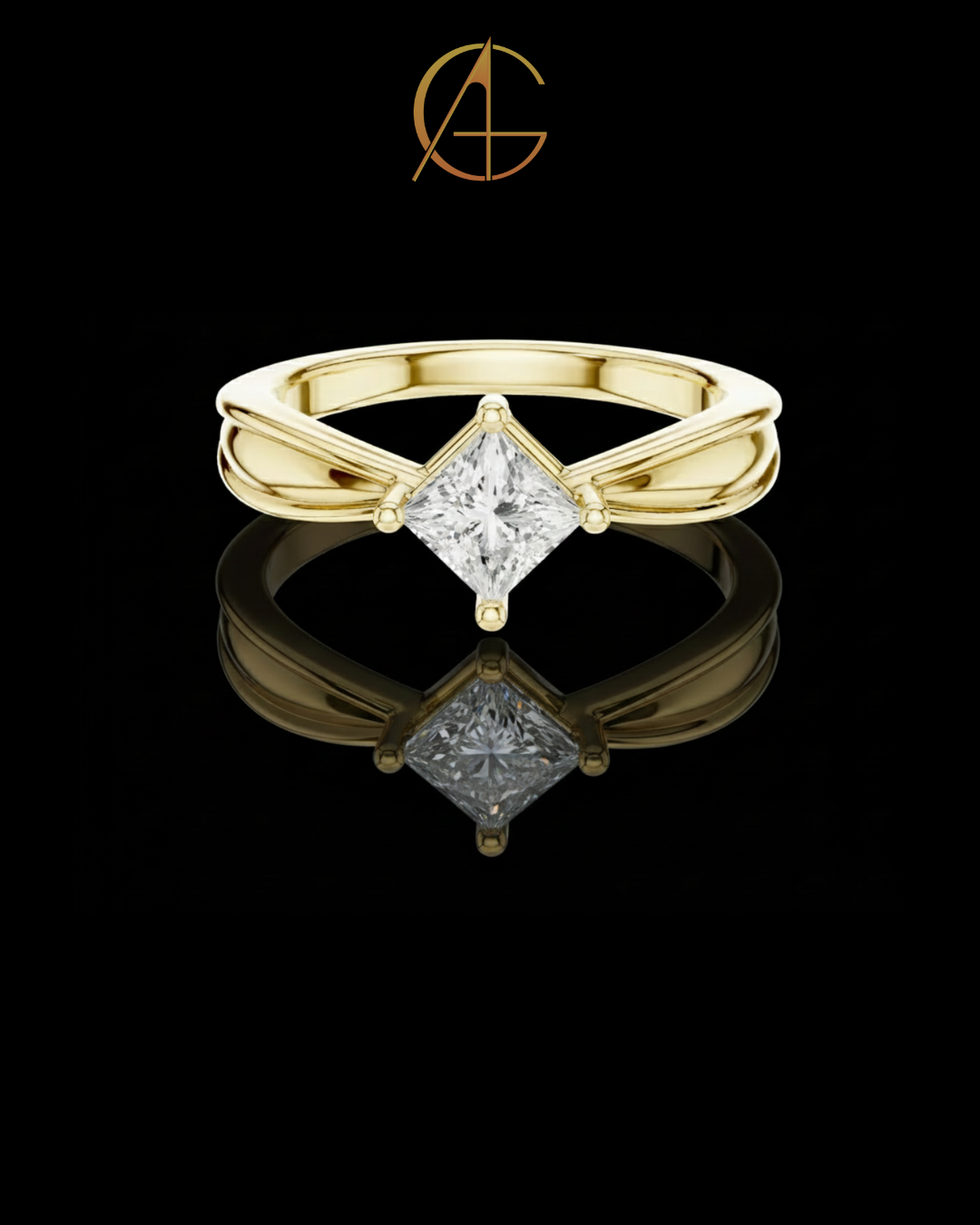 0.64 TCW Trendy Princess Moissanite Diamond Solitaire Ring with Diagonal Setting and Split Shank Band