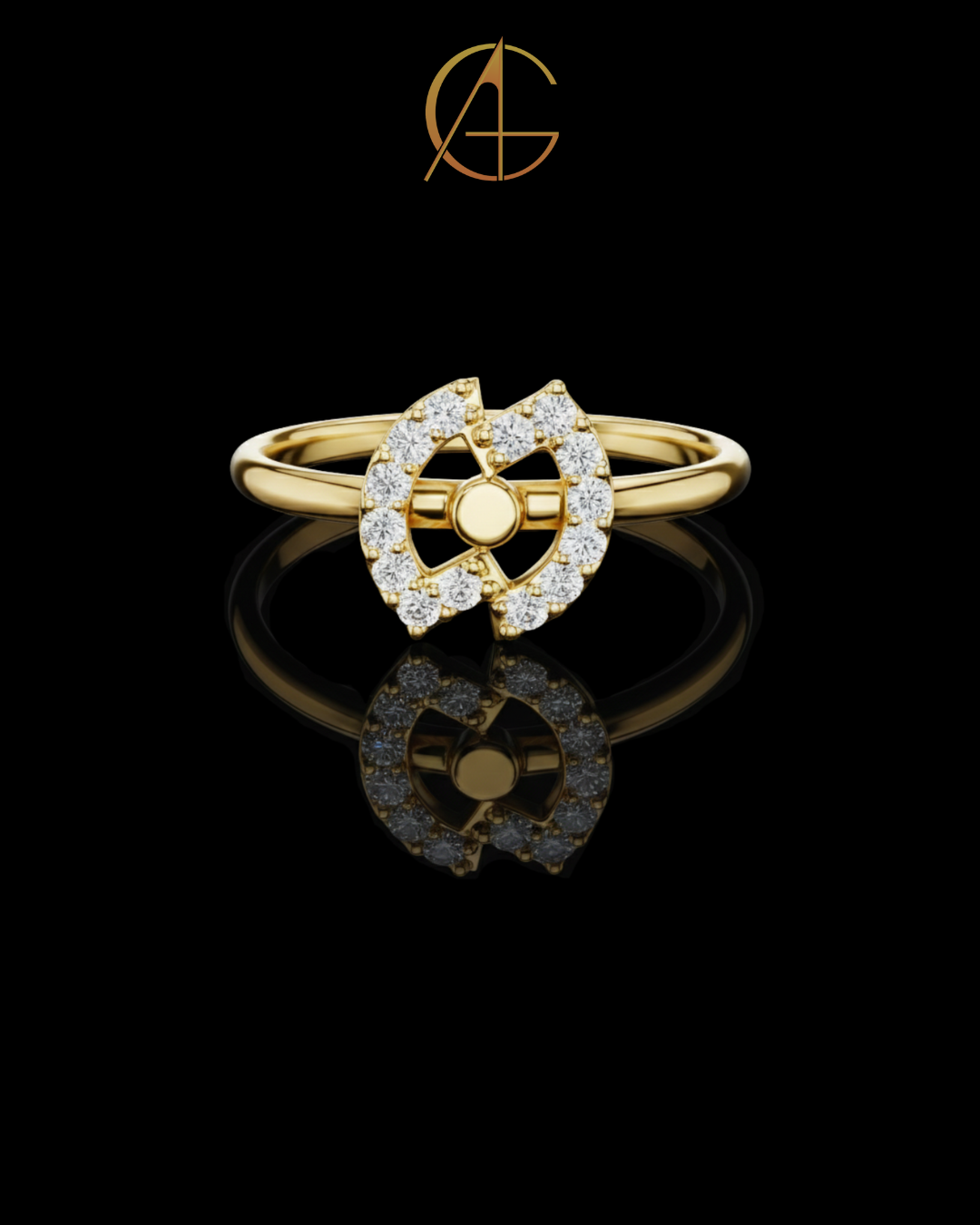 0.11 TCW Circular Moissanite Diamond Ring with Radiant Halo and Geometric Floral Center