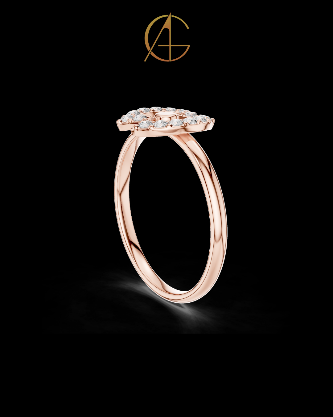 0.11 TCW Circular Moissanite Diamond Ring with Radiant Halo and Geometric Floral Center