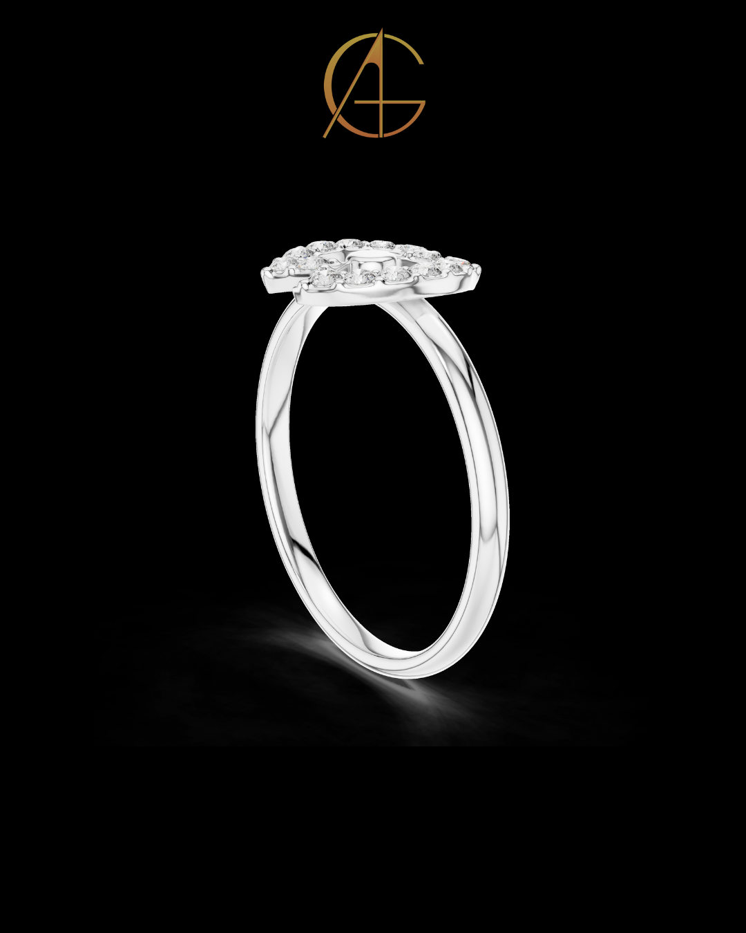 0.11 TCW Circular Moissanite Diamond Ring with Radiant Halo and Geometric Floral Center