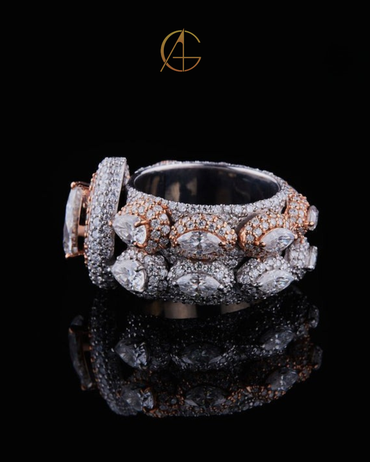 Full Hip Hop Pear Shape Moissanite Diamond Ring With ROund Cut and Marquise Diamond Ring by Auren gems.