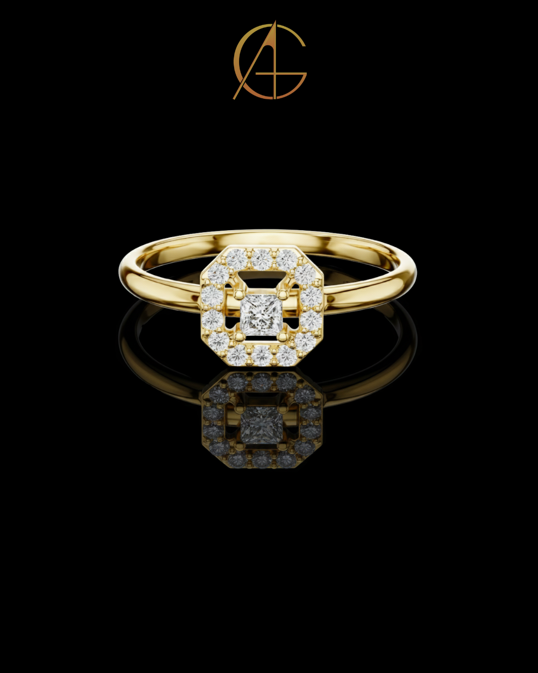 0.06 CT Octagon Halo Ring Featuring a Brilliant Princess Cut Center Moissanite Diamond